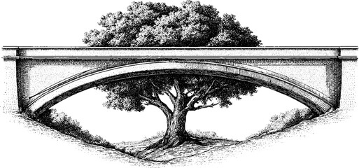 Vintage bridge silhouette with tree in retro engraving style for design projects