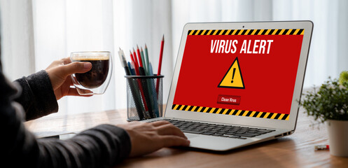 Wall Mural - virus warning alert on computer screen detected modish cyber threat , hacker, computer virus and mal