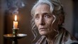 © zahidyounas - Elderly woman with grey hair by candlelight, pensive senior female portrait, cinematic lighting with candle and smoke