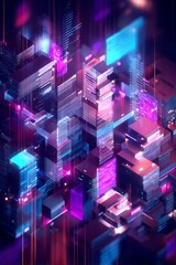Abstract digital city composed of glowing blocks.