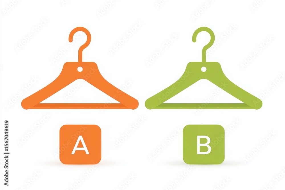 Two distinct hangers in orange and green are displayed alongside square labels marked A and B. This visual represents an organized sorting system for clothing items.