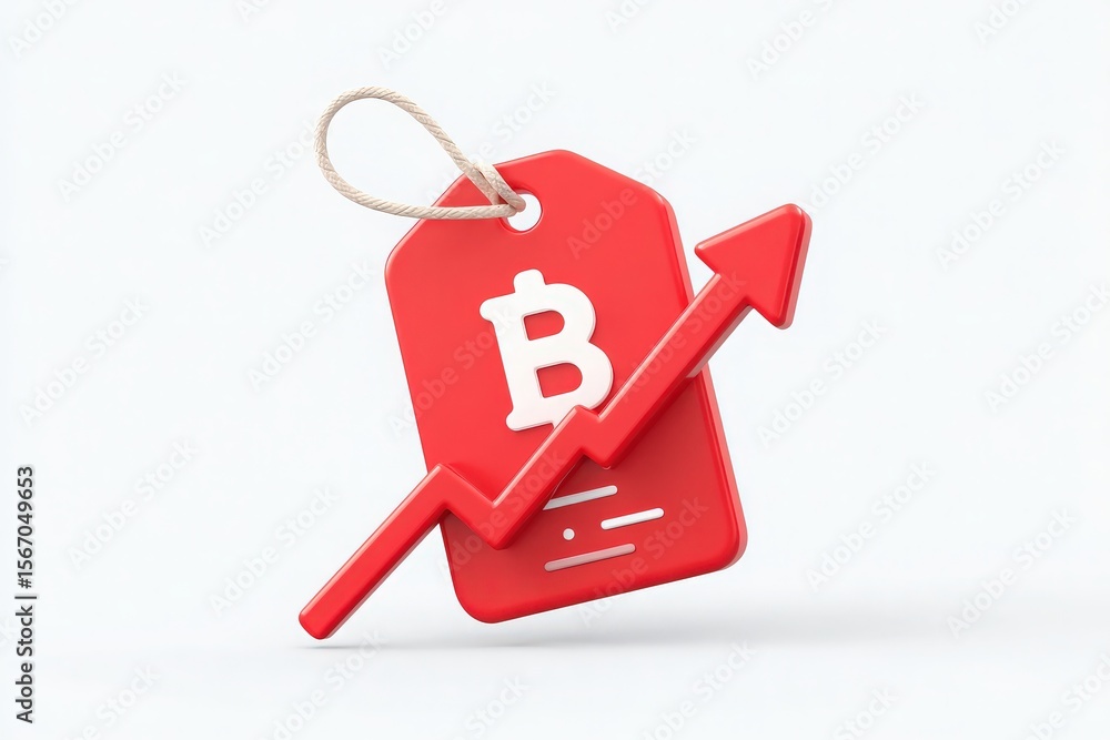 A red price tag featuring a Bitcoin symbol is shown alongside an upward trending graph. This visual represents the rising interest and value in the cryptocurrency market.