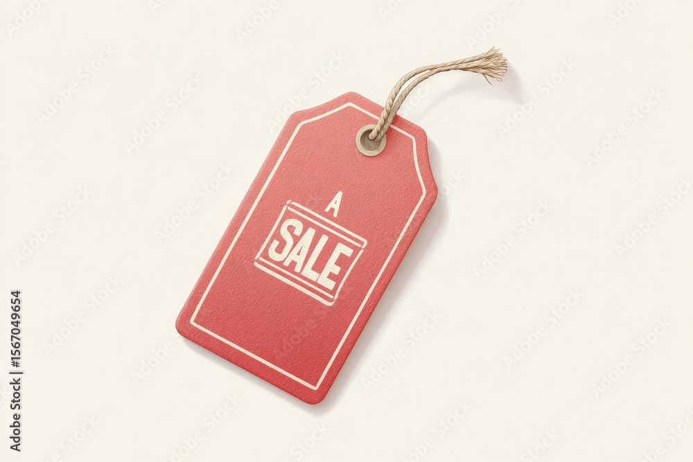 A red sale tag hangs with a string, featuring bold lettering that communicates a special discount. This tag is used in retail to attract shoppers attention toward promotions.