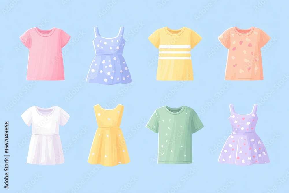 A vibrant selection of childrens summer clothing is displayed on a light blue background. The assortment includes playful tops and cute dresses in various colors and patterns, ideal for warm weather.