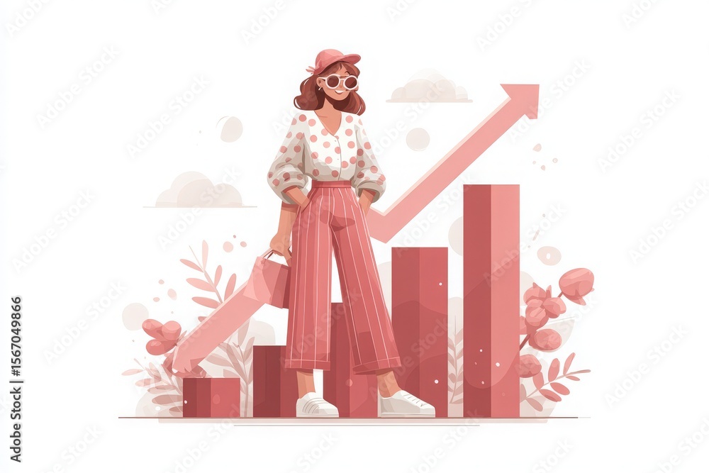 A stylish woman in a polka dot top and striped pants holds a briefcase, surrounded by pink growth bars and floral elements, representing success and progress in a modern setting.