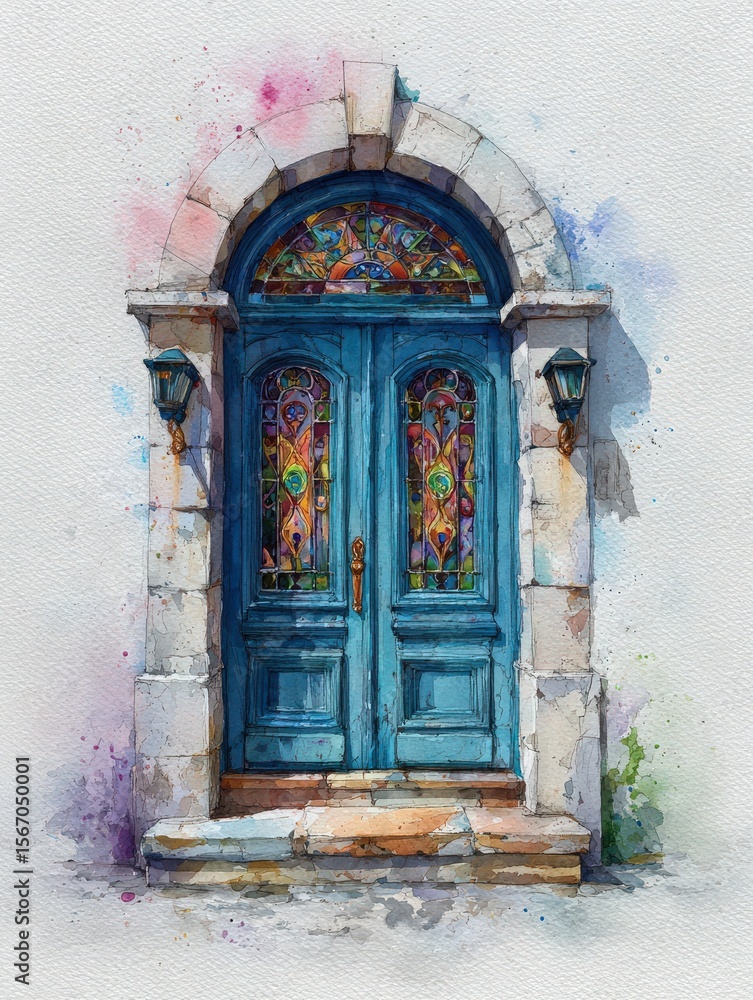 The vibrant blue door features intricate stained glass, surrounded by a stone arch and lanterns. This artistic piece captures a timeless architectural beauty in a serene environment.