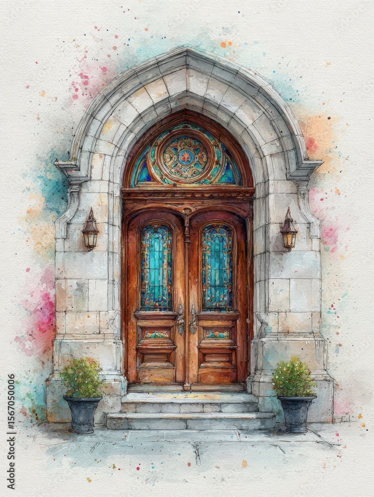 A detailed view of a stunning entrance featuring wooden double doors with intricate carvings and vibrant stained glass. Potted plants flank the doorway, adding charm to the architectural design.