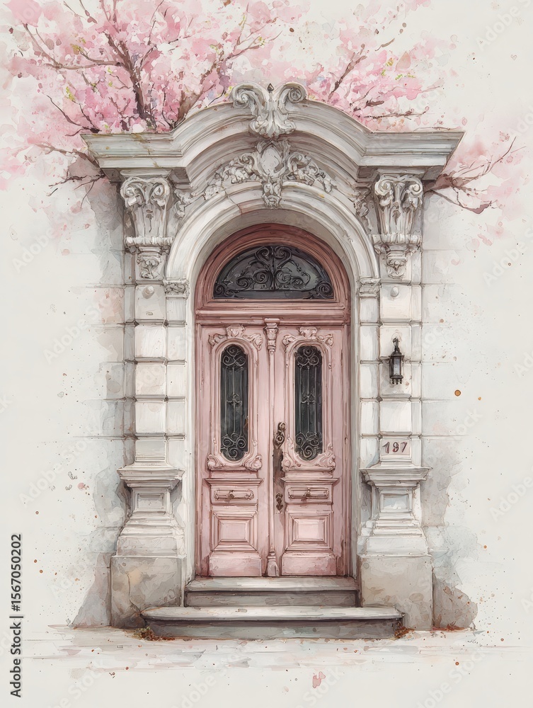 This striking entrance features a pink double door adorned with ornate detailing. Delicate cherry blossoms frame the doorway, adding a touch of spring beauty to the historic architecture.