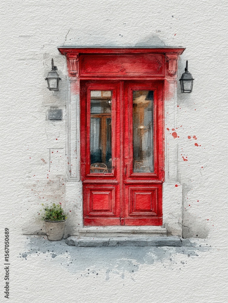 The artwork showcases vibrant red double doors framed by two lanterns, set against a textured wall. A small potted plant adds a touch of greenery, enhancing the cozy atmosphere.