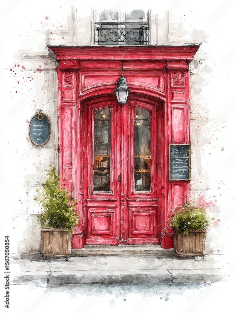 A vibrant red door invites visitors to a cozy cafe, nestled in a charming street. Potted plants frame the entrance, enhancing the warm and inviting atmosphere.