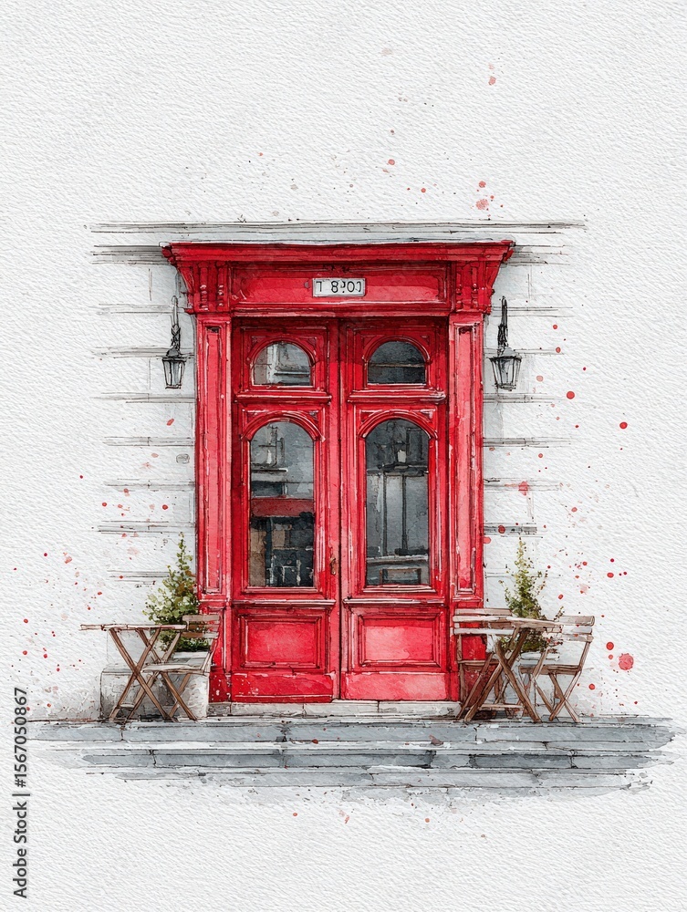 A striking red double door stands prominently at a cozy cafe. Small wooden tables with chairs flank the entrance, inviting guests to sit and enjoy the ambiance on a sunny day.