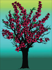 Wall Mural - tree in dark pink blooms on blue