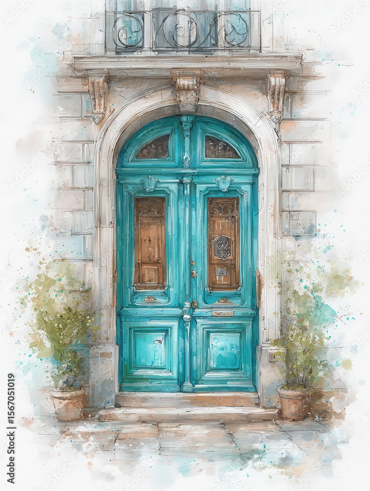 A vibrant turquoise door framed by classic architectural details and warm wooden inserts stands out against a textured wall. Green plants in pots add charm to the entrance.