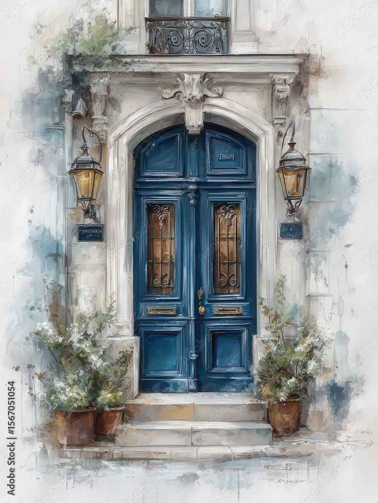 A charming blue double door serves as the entrance to a building, flanked by potted flowers. Lanterns hang on either side, enhancing the quaint atmosphere in a picturesque neighborhood.