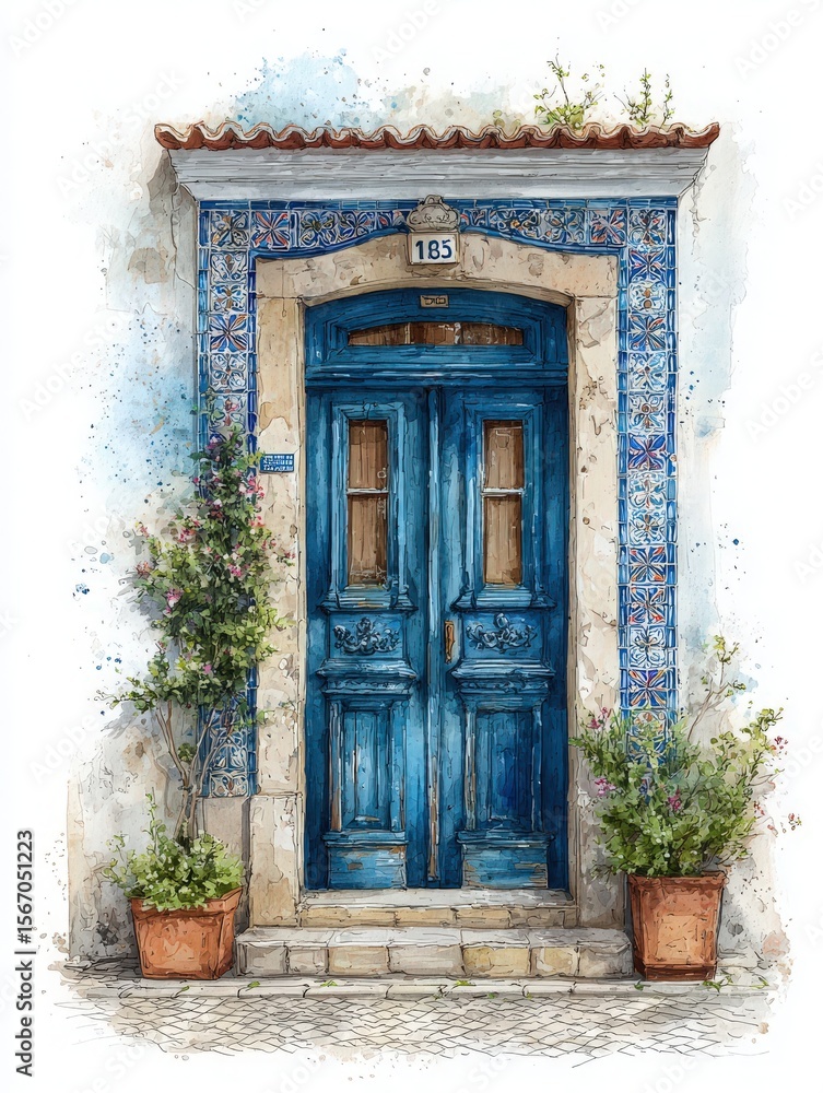 A vibrant blue door with intricate carvings stands in an inviting stone entryway.