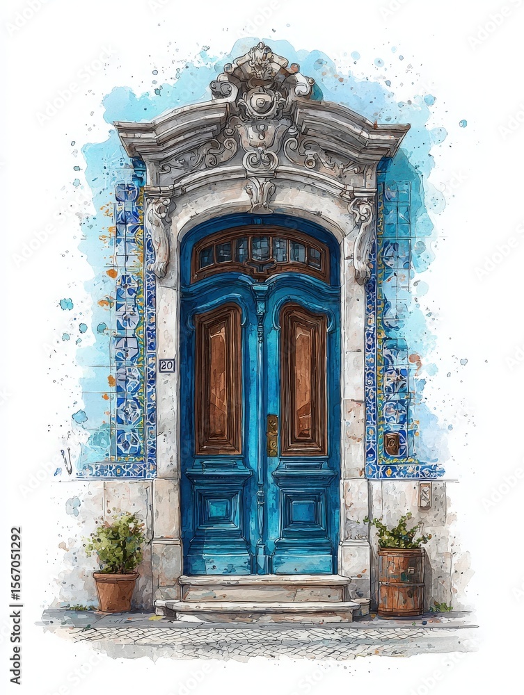 A striking set of blue wooden doors sits prominently against a patterned tile backdrop. Small potted plants add a touch of greenery, enhancing the overall charm of the scene.