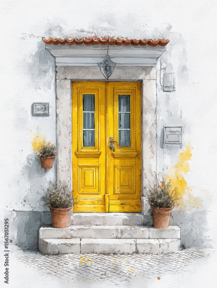 Vibrant yellow doors welcome visitors at a quaint entrance. Flanking the doorway are potted plants, adding rustic charm. The cobblestone steps enhance the inviting atmosphere of this lovely setting.