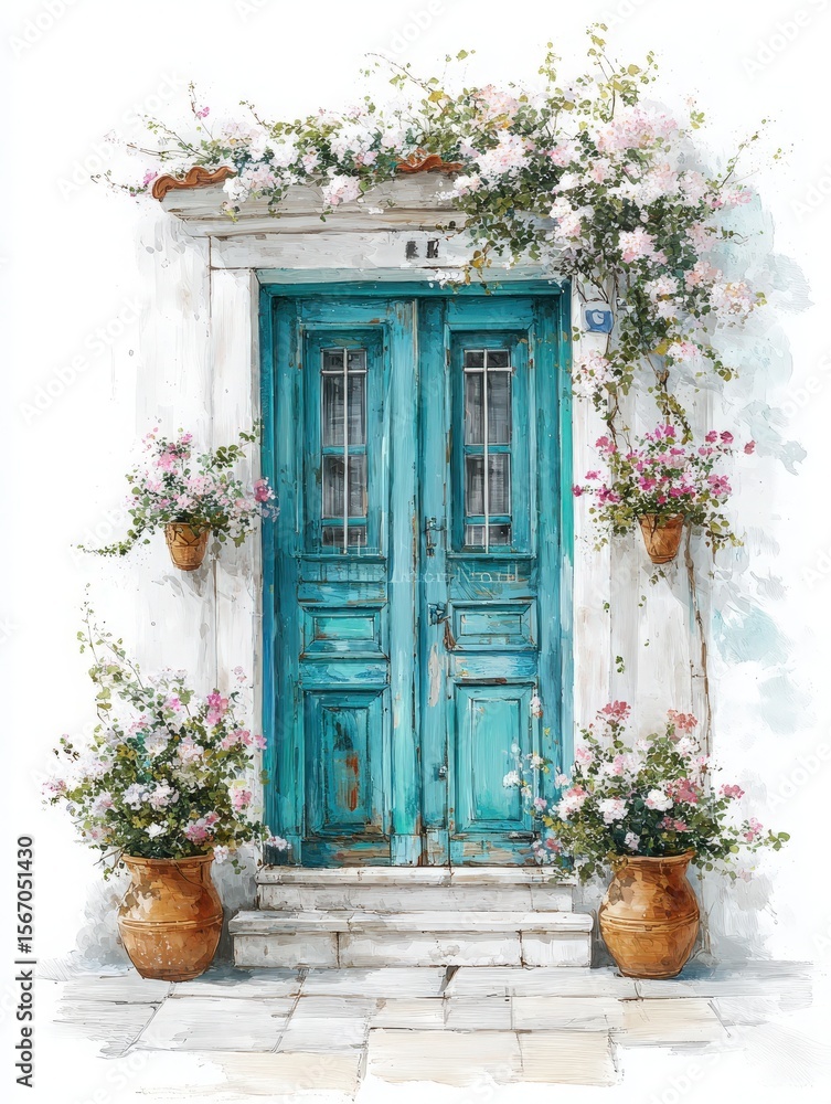A pair of vibrant blue doors is surrounded by blooming flowers in terracotta pots. The rustic charm of the architecture enhances the serene atmosphere of this picturesque location.