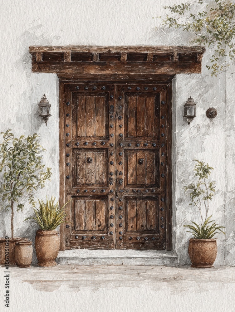 A rustic wooden door adorned with iron studs is framed by white stone walls. Two potted plants sit on either side, bringing a touch of greenery to the tranquil entrance.