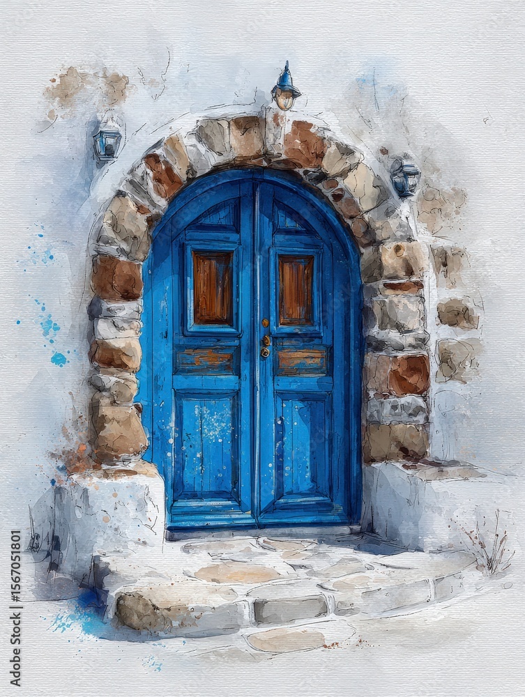 A vibrant blue door stands in contrast to a weathered stone wall. Two lanterns adorn the sides, enhancing the inviting feel of this quaint entrance.