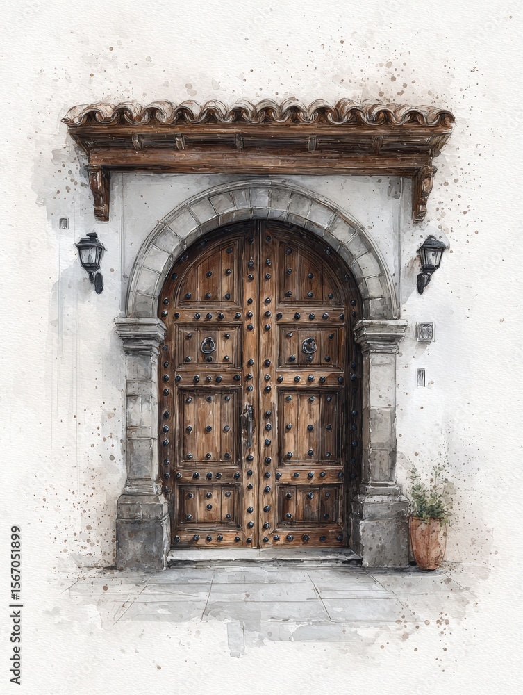 The image features a striking vintage wooden door adorned with intricate designs and metal studs.