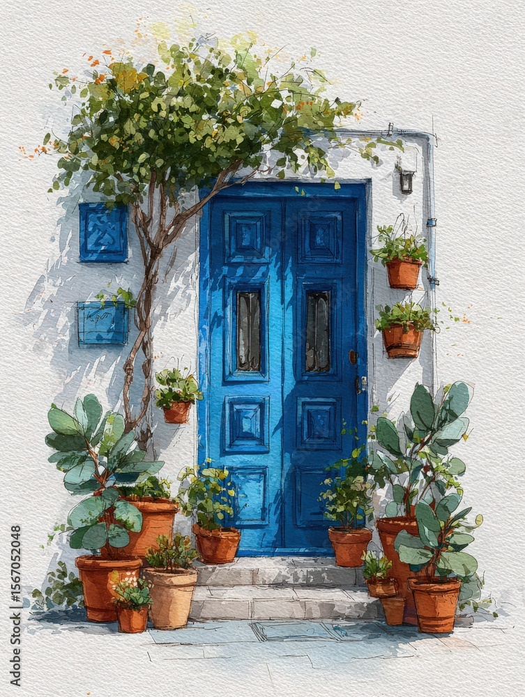 A vibrant blue door stands out against a white wall, surrounded by lush potted plants. The warm spring sunlight highlights the greenery, creating a welcoming atmosphere in a quaint outdoor space.