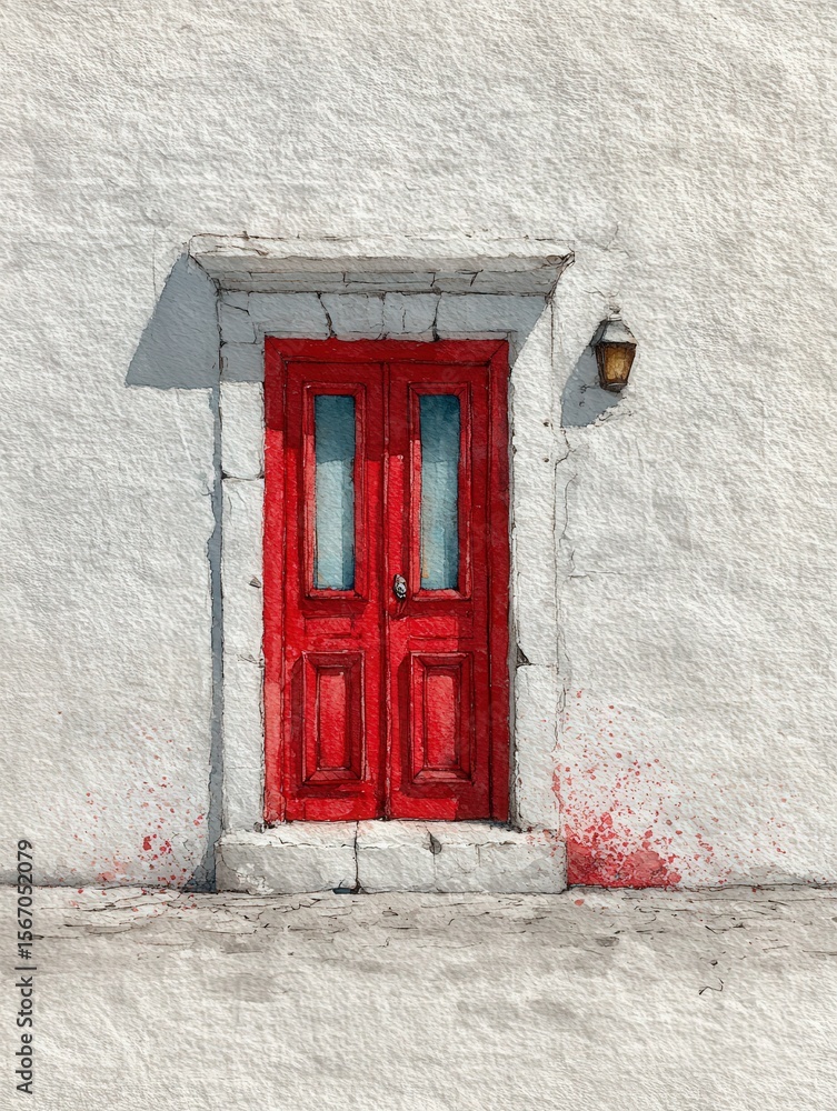 A bold red double door stands prominently against a white plaster wall, illuminated by soft natural light. A small lantern hangs beside, adding charm to the tranquil setting.