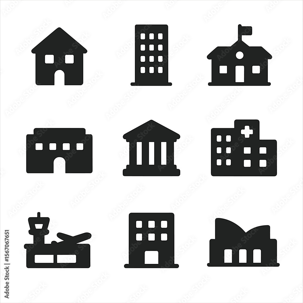 Vetor Building Typology Icons. Solid, filled icon set of building ...