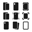 © Valentyna - Protective Accessories Icons. Solid, filled icon set of protective accessories: tempered glass protector, phone case, bumper guard