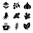 © Настя Шевчук - Herbal Immunity Icons. Solid, filled icon set of herbal immunity boosters: echinacea, elderberry, garlic, ginseng, turmeric,