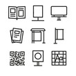 © Тимур Кунець - Outline Advertising Icons. Outline icon set of print and outdoor advertising: magazine layout mockup, poster on wall, billboard