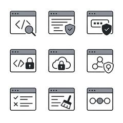 secure coding icons. flat icon set of secure coding practices: code review, static analyzer, input v