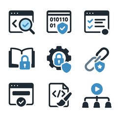 secure coding icons. flat icon set of secure coding practices: code review, static analyzer, input v