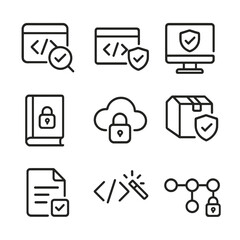 secure coding icons. outline icon set of secure coding practices: code review, static analyzer, inpu