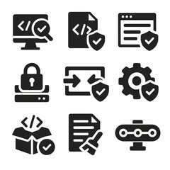 secure coding icons. solid, filled icon set of secure coding practices: code review, static analyzer