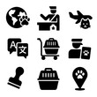 © Coosh448 - International Pet Travel Icons. Solid, filled icon set of international pet travel: world map with paw, customs icon, airplane