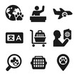 © Coosh448 - International Pet Travel Icons. Solid, filled icon set of international pet travel: world map with paw, customs icon, airplane