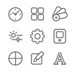 © Viacheslav - Watch Interface Icons. Outline icon set of watch face customization: watch dial, complication grid, theme palette, brightness