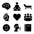 © Влада Яковенко - Healing Icons Grid. Solid, filled icon set of psychological factors in healing: brain, meditation pose, therapy couch, stress ball