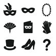 © Влада Яковенко - Masquerade Icon Set. Solid, filled icon set of masquerade essentials: feathered mask, eye mask, beaded necklace, handheld fan,