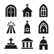 © Coosh448 - Sacred Architecture Icons. Solid, filled icon set of sacred architecture: cathedral doors, chapel arch, church window, light beam