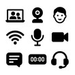 © Coosh448 - Video Call Icons. Solid, filled icon set of online video calls: laptop screen, webcam, two faces, Wi-Fi symbol, mute mic, video