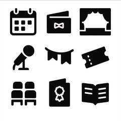 School Event Icons. Solid, filled icon set of school event management: calendar, invitation card, stage, microphone, banner,