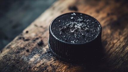 Wall Mural - Close-up of a round black object covered in dust on wooden surface