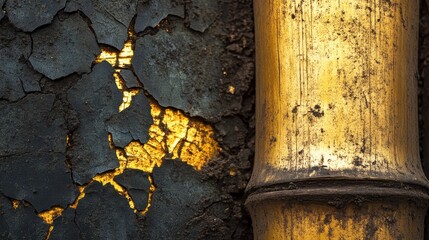 Wall Mural - close-up view of textured wall with golden pipe and cracked surface