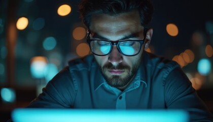 Professional man works late in office, illuminated by screen light. Intense gaze, focused on task. Expertise, determination, concentration. Tech, computer, corporate, deadline. Serious face, glasses,