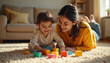 © Vadym - Happy Indian mother and baby play with colorful blocks at home. Smiling woman and baby enjoy time together. Family lifestyle and motherhood concepts. Building blocks game, baby toys.