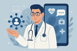 © Maria - Telemedicine doctor with stethoscope holding network patient icon, online medical consultation, virtual healthcare, digital hospital, remote diagnosis, health technology, mobile health app