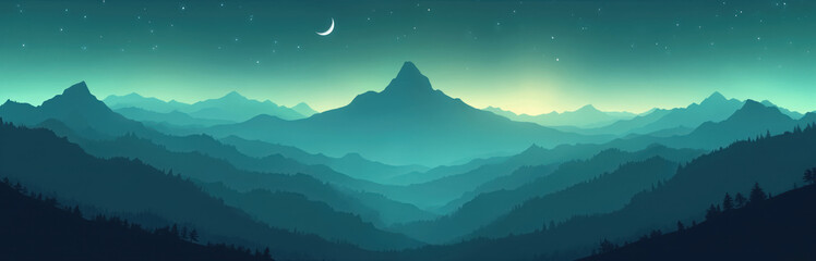 Wall Mural - Panoramic landscape of layered mountains under starry night sky. Minimalist art, visual illustration with gradient colors. Beautiful natural scenery for wallpaper background.