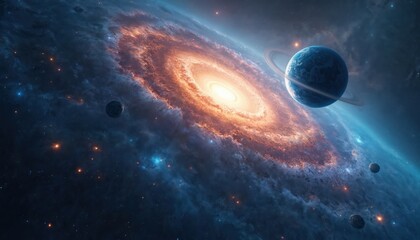 Wall Mural - Galaxy outer space background with planets. Planets with rings, nebula, stars. Dark cosmos with blue, orange colors. Space for astronomy, science, cosmic themes. Universe concept.